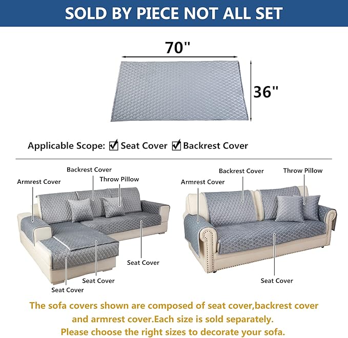 Eismodra Couch Cover,Sectional Couch Covers,Sofa Covers for 3 Cushion Couch,Anti-Slip Sofa Slipcovers for Dogs Cats Kids Loveseat Recliner L Shaped Armrest Backrest,Light Gray 36''x70''(Only 1 Piece)