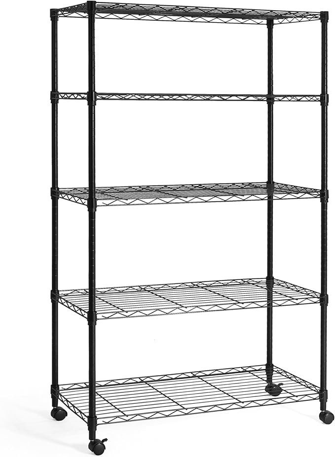 CAPHAUS 3/4/5-Tier Adjustable Height Wire Shelving Unit, Wire Rack Shelving, Metal Steel Storage Shelves, Garage Shelving Storage Organizer, Utility Storage Shelf, 5-Tier With Wheels, Black