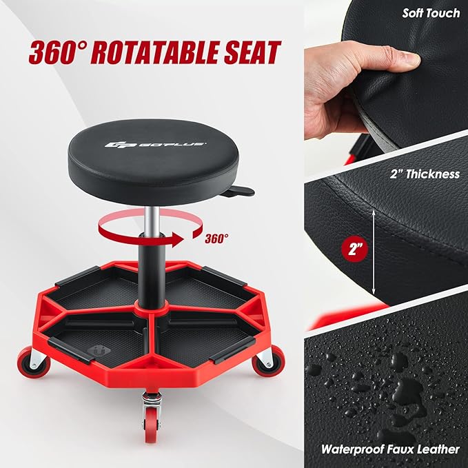 Goplus Garage Stool, 16”-22” Adjustable Rolling Mechanic Stool with Universal Wheels, Removable Magnetic Tool Tray, 2” Thick Padded Cushion, 330LBS Capacity, Roller Creeper Seat, Shop Chair