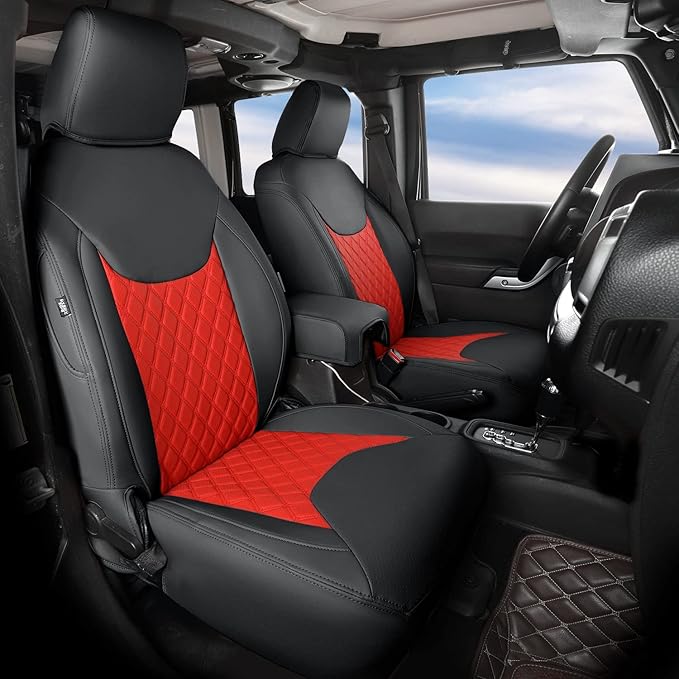 GIANT PANDA Customized Full Set Car Seat Covers for Jeep Wrangler 4 Door JK Sahara Sport Rubicon Unlimited Willys Wheeler Altitude 2013 2014 2015 2016 2017, Faux Leather - (Black+Red)