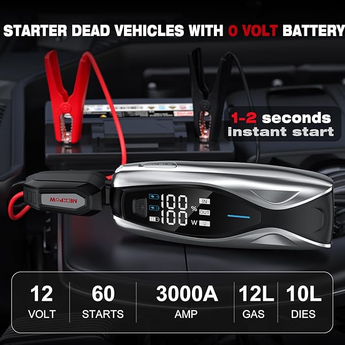 NEXPOW X7 3000A Jump Starter, Car Battery Jump Starter with PD 60W Dual-Way Faster Charging for 12L Gas/10L Diesel Engines, 12V Portable Jump Start Battery Pack, 3.2″ HD Display, IP63 Waterproof