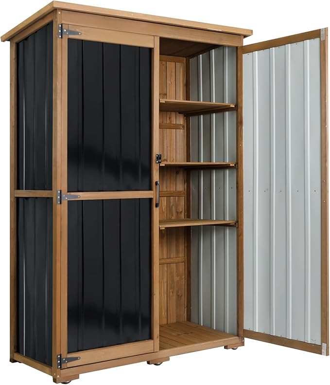 Outdoor Storage Cabinet Waterproof with Shelves, Outdoor Storage Shed Garage Cabinet Weatherproof, Wood & Metal Outside Patio Backyard Garden Pool Storage Tool Organizer
