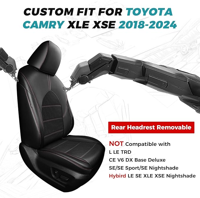 for Toyota Camry Seat Covers XLE XSE V6 2018 2019 2020 2021 2022 2023 2024 - Waterproof Breathable Leather Seat Covers for Cars, Custom Fit Car Seat Covers Full Set, Black Red Not for Hybrid