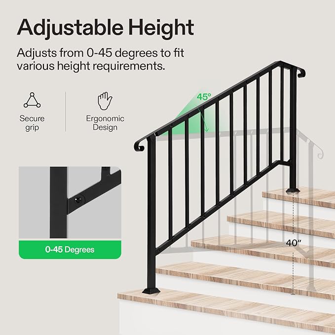 VIVOSUN Outdoor Handrail, 5 Step Stair Handrail, 69" x 36" Fits 1 to 5 Steps, Wrought Mattle Iron Stair Railing with Curved End and Balusters for Concrete Step, Porch Steps, One-Step Assembly, Black