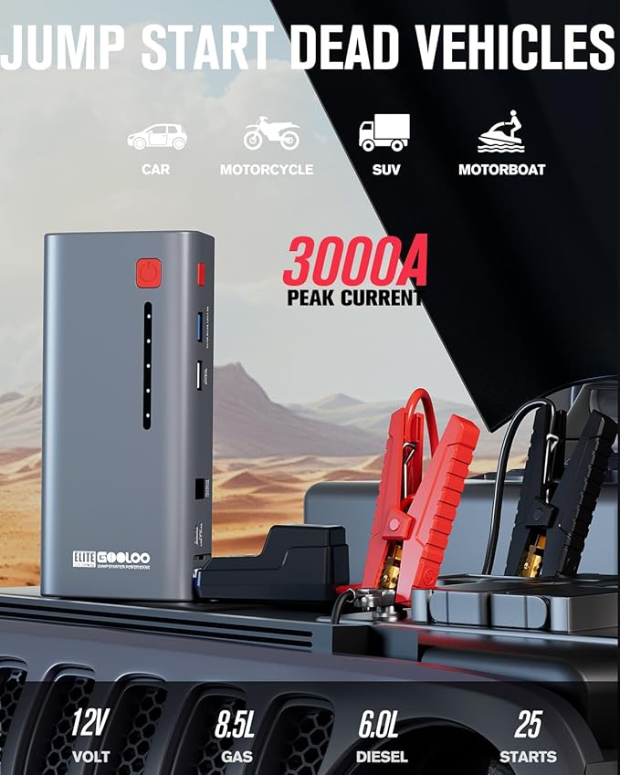 GOOLOO Jump Starter Battery Pack 3000A Peak SuperSafe Car Starter (Up to 8.5L Gas or 6.0L Diesel Engine) with USB Quick Charge and LED Light,12V Lithium Jump Box Booster Portable Charger,Gray