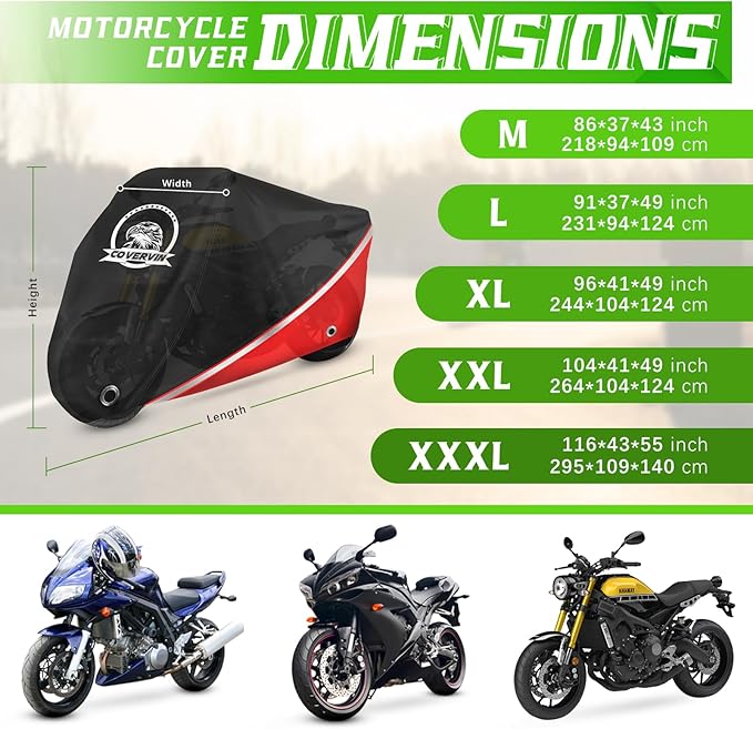 COVERVIN Motorcycle Cover, All Weather Outdoor Waterproof Night Protection with Reflective Strips, Locking Holes and Storage Bag for 86 Inch Suzuki, Kawasaki, Honda, Harley-Davidson(Red M)