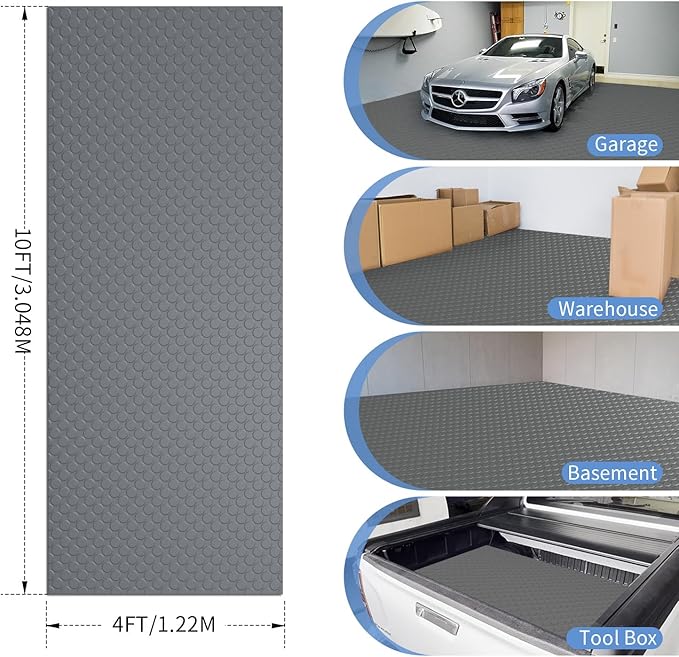 Premium Garage Floor Mat, Commercial Grade Heavy Duty Parking Mat for Garage Floor, Golf Cart Parking, Water/Stain Resistant Floor Runner (Grey Coin, 4 x 10 Feet)