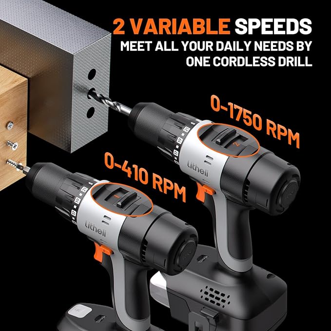 Litheli 20V Cordless Drill Driver Set, Electric Power Drill with 2 Variable Speed Settings, 1/2 Inch Keyless Chuck, 21+1 Clutch Settings with Maximum Torque of 443 In-lbs (Charger not Included)