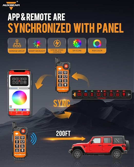 Auxbeam 8 Gang Slim Switch Panel Bluetooth RGB AS-800 with APP&Remote Control Toggle Momentary Pulsed 80A Switch Pod Off Backlight for 12-24V Truck Offroad UTV ATV Car Marine, 2 Years Warranty