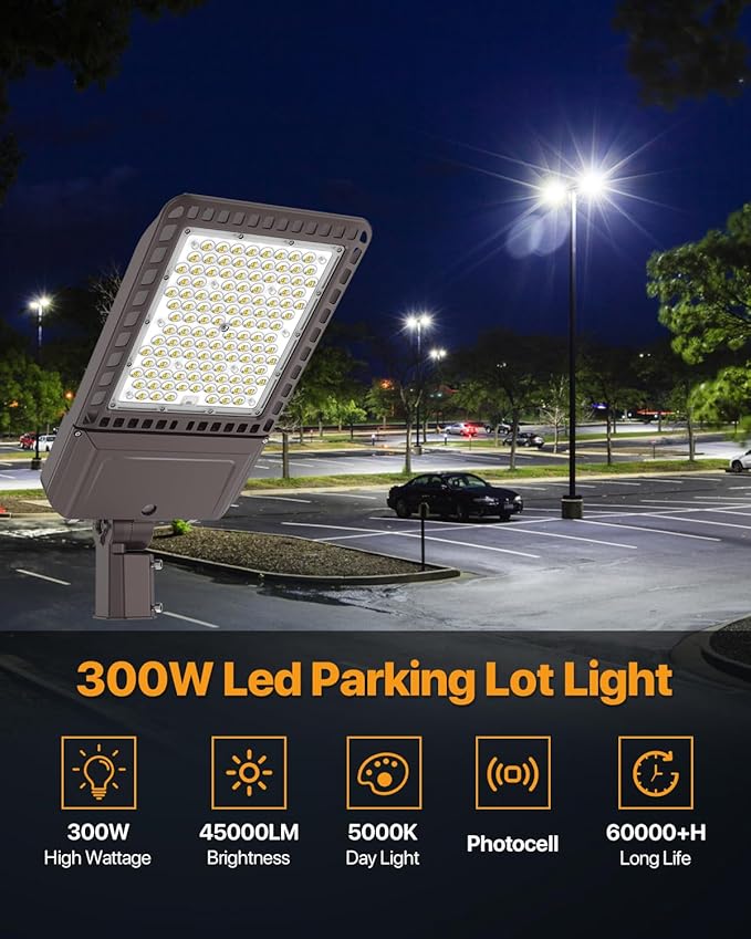 Led Parking Lot Light 300W 45,000LM Slip Fitter Led Street Pole Light with Dusk-to-Dawn Photocell 5000K 100-277V IP65 Waterproof 3Pack Commercial Area Lighting for Parking Lot, Roadways