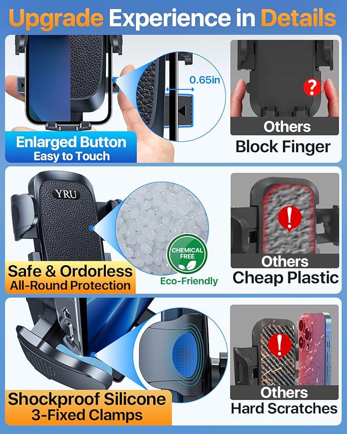 [2025 Upgrade Extreme Strong Suction] YRU Car Phone Holder Mount,[Bumpy Road Stable]Dashboard Cell Phone Holder for Car Vent Windshield Phone Stand for iPhone 16 15 14 13 Pro Max Samsung Truck, Black