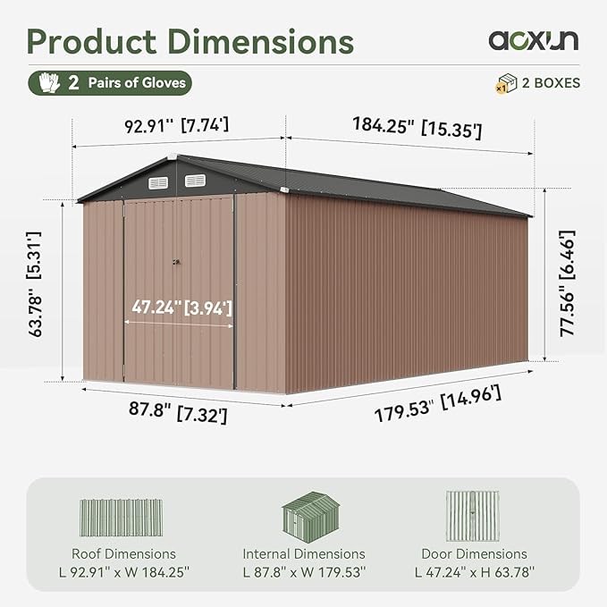 Aoxun 8 x 15FT Outdoor Storage Shed with Double Hinged Large Door Utility Garden Shed with Lockable Door & Sloped Roof Metal Sheds Outdoor Storage for Garden, Backyard, Patio and Backyard, Brown