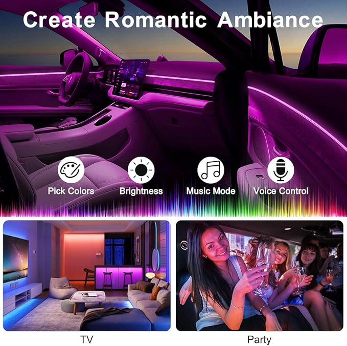 Car LED Strip Lights, LEDCARE 9 in 1 RGB Car Interior Lights with APP & Remote Control, 16 Million Colors Ambient Lighting Kit with 5 Fiber Optic LED Strips & 4 Under Dash Lights, Sync to Music