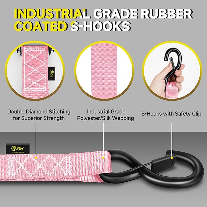 4Pcs 1.6”x 10FT Heavy Duty Ratchet Straps with Padded Handles+Coated S Hooks+Soft Loop Tie-Downs for Ratchet Strap Tie Down Kit-6000 Pound Break Strength（Pink）