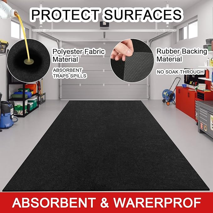Golener Oil Spill Mat - Garage Floor Mat, Absorbent Oil Pad, Premium Maintenance Mat, Waterproof, Contain Liquid, Protect Garage Surface from Spill & Stain, Reusable, Washable, Durable, Black, 72”x96”