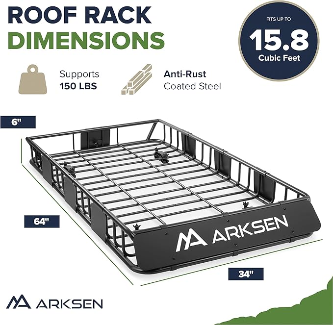 ARKSEN 64 x 34 x 6 Inch Universal Roof Rack with Extension, 600D Waterproof Bag, 2 Ratchet Straps&Net, 150 LBS Capacity Heavy Duty Rooftop Cargo Basket for SUV, Truck, RV, Pickup