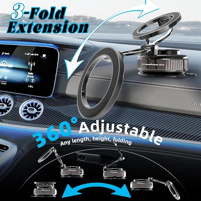 EnerCharge Magnetic Car Phone Holder, with 360° Adjustable & 3-Fold Extension, Upgraded Vacuum Suction Cup Cell Phone Mount for Car/Gym/Kitchen/Shower (Aluminum Alloy)