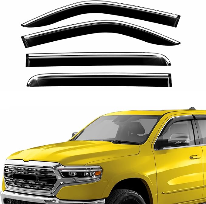 Extra Durable Window Deflectors Chrome Trim Tape-On Window Visors Rain Guards Fit for Dodge Ram 1500 2019-2025 Crew Cab, Sun Visors, Wind Vent for Shades, Exterior Car Accessories - 4pcs. AG0178
