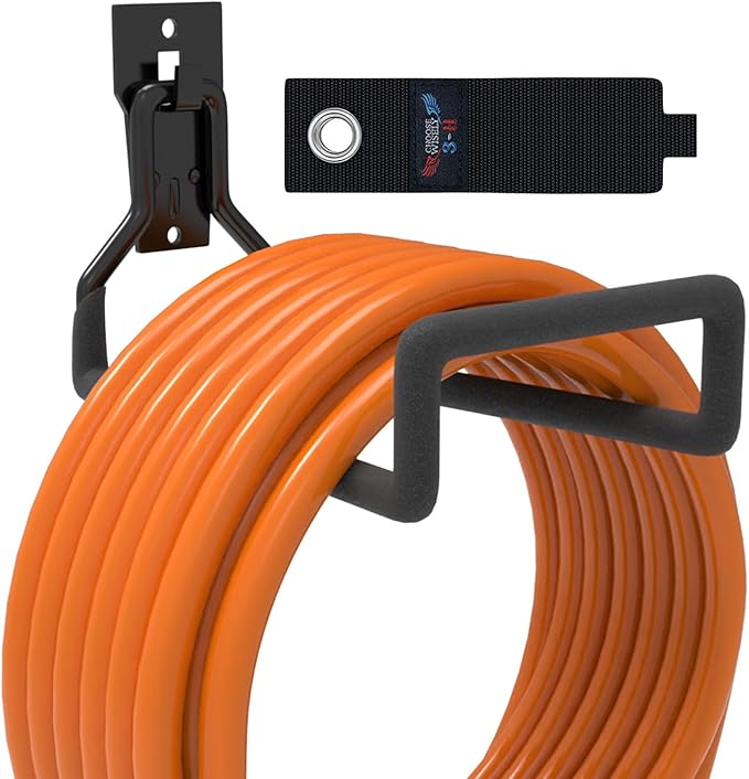 3-H Solid Steel Garden Hose Holder - Wall Mounted Hanger with Extension Strap for Outdoor Water Hoses & More