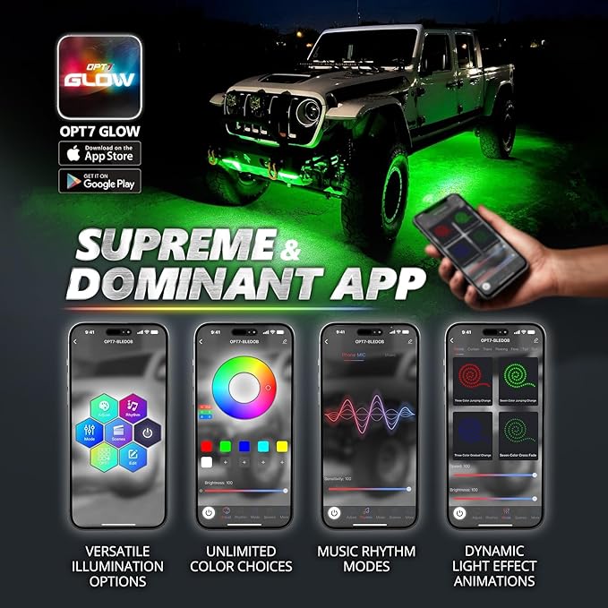 OPT7 Aura Pro Underglow LED Lights Kit for Truck with App & Remote Control, RGB Multicolor Music Modes, Waterproof Rigid Aluminum Light Bar, Exterior Neon Accent Lighting for Regular Extended Cab