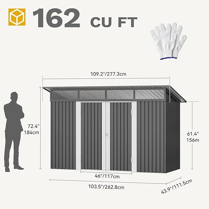 DWVO 9x4 FT Outdoor Storage Shed with Acrylic Windows, Utility Tool Shed Metal Storage Garden Shed with Door & Lock for Bike Storage, Waterproof Trash Shed for Backyard Garden Patio, Dark Dray
