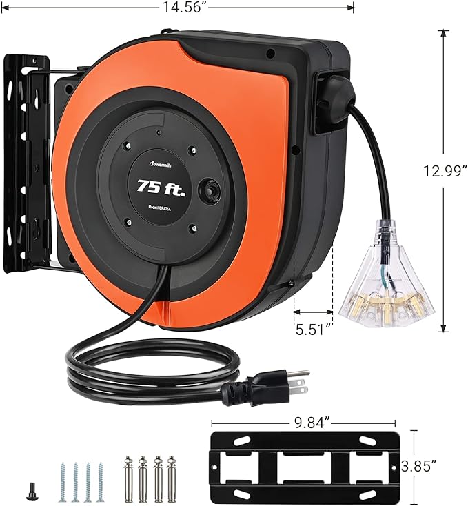 DEWENWILS Retractable Extension Cord Reel, 75 FT Heavy Duty Power Cord, 14/3C SJTOW, Lighted Triple Tap Outlets, 10A Circuit Breaker, Wall/Ceiling Mounted for Garage, Workshop, UL Listed
