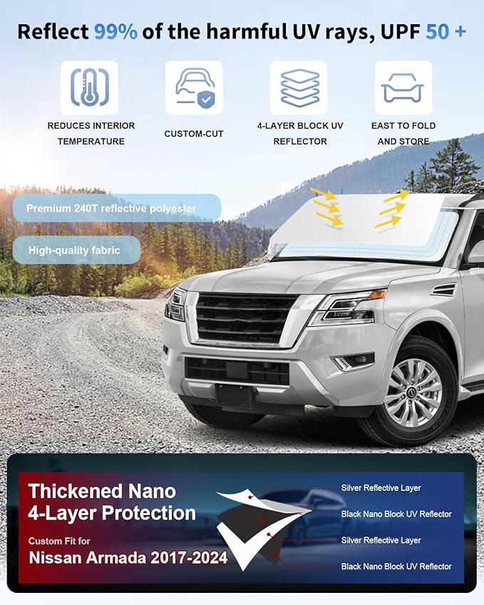 for Armada Windshield Sun Shade Custom Fit for 2017-2024 2025 Nissan Armada Accessories Sunshade 2-Layer Front Window Sun Visor Shield Protector Foldable Blocks UV Rays