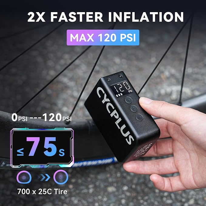 CYCPLUS Tiny Pump Mini with Gauge, Max 120 PSI Cordless Bicycle Air Pump, Auto Stop, with Presta and Schrader Valve for Car, Motorcycle, Bike and Ball AS2 Pro Max(2025 Updated Version)