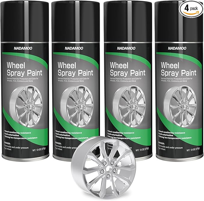 NADAMOO Aluminum Wheel Spray Paint, Semi-gloss Aerosol Car Rim Paint for Recolor and Protection of Metal Surface, Silver, 4 Cans, 13 Oz Per Can