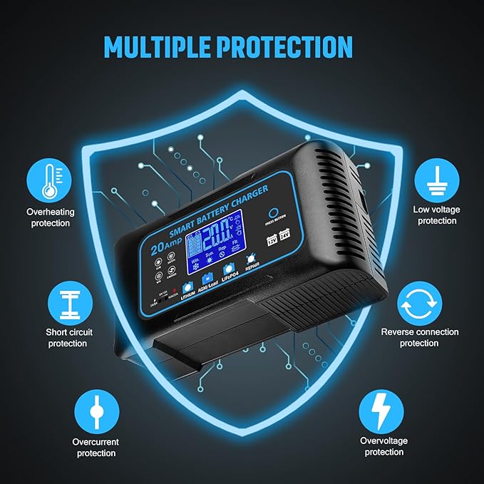 20-AMP Car Battery Charger, 12V 20A and 24V 10A Smart Automotive Charger, Battery Maintainer, Trickle Charger for Car, Motorcycle, Boat, Lead-Acid, Lithium, LiFePo4 Battery