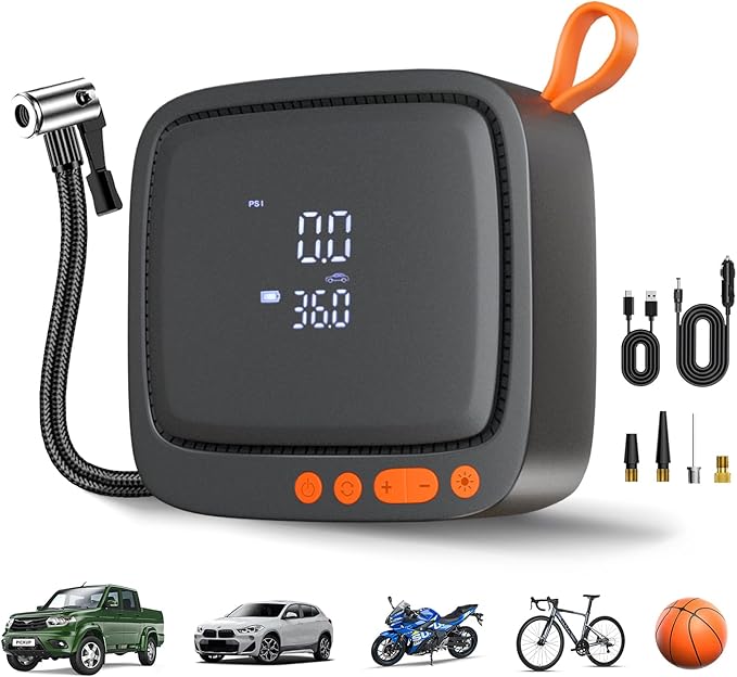 AP22 Tire Inflator Portable Air Compressor, 150 PSI Faster Inflation Cordless Air Pump, Dual Power & Digital LCD Display, Auto Shut-Off, Tire Inflator for Car, Bicycle, Motorcycle, Ball