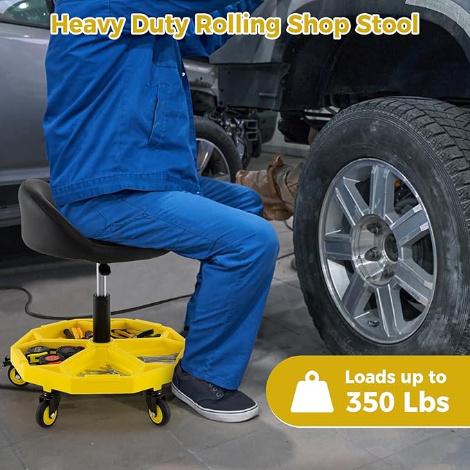 Mechanic Stool, 350 LBS Capacity Rolling Shop Stool with Lockable Wheels, 2 Magnetic Tool Trays & Padded Seat, 20"-25" Height Adjustable Workshop Chair Creeper Seat for Garage, Auto Repair