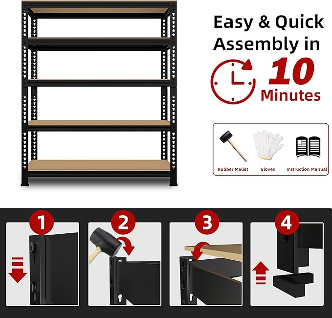 5-Shelf Heavy Duty Shelving - Adjustable Garage Storage Shelves, Metal Utility Storage Racks for Warehouse Pantry Basement Kitchen, Garage Organizers Shelf Unit, Black