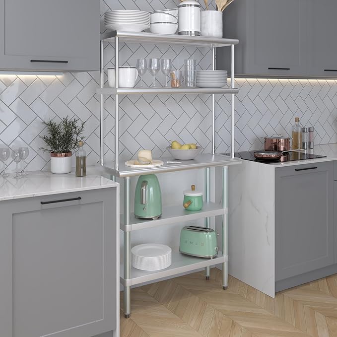 Amgood Stainless Steel Work Table with 2 Shelves | Metal Kitchen Prep Table & Shelving Combo (14" x 36" Table with 2 Shelves + 12" Overshelf)