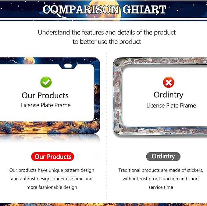 Moon License Plate Frames - 2 Pack Starry Sky Moonlight Stainless Steel License Plate Holder,Rust-Proof Waterproof Car Decorative Tag Frame with Screws Fasteners Caps
