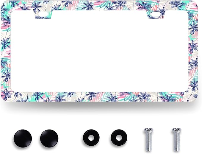 Plam Trees License Plate Frame Hawaii Tropical Leaves License Plate Holder Funny License Plate for Car Decoration Stainless Steel Colorful Auto Parts with Screws for Men Women 12.3" x 6.3"