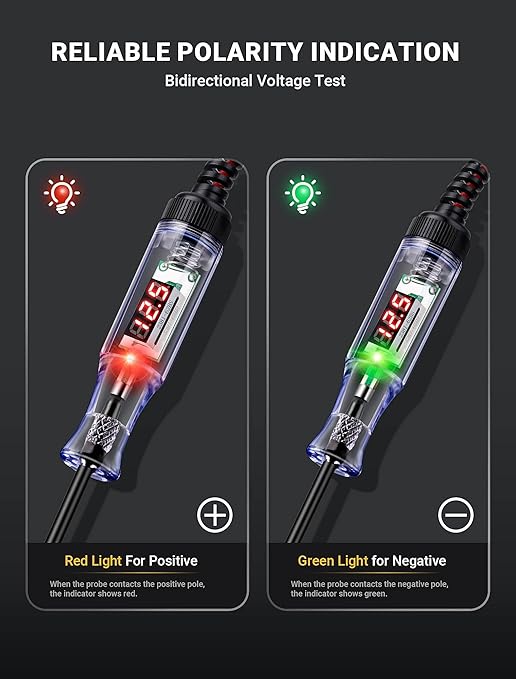 Automotive Test Light with 5-120V LED Digital Voltage Display, Circuit Tester Automotive with Voltmeter & Dual Color Polarity Indicator, Electrical Test Pen with Long Probe for Car RV Fuse Checker