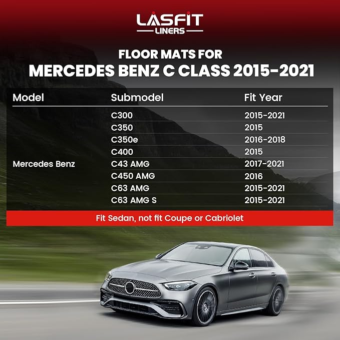 LASFIT Floor Mats for Mercedes Benz C Class 2021 2020 2015-2019 C300 / C350 / C400 / C350e / C43 AMG / C63 AMG / C63 AMG S (Fit Sedan Only), All Weather TPE Floor Liners for C Class 1st & 2nd row Mats