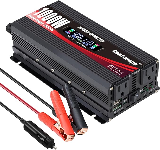 1000W/2000W(Peak) Car Power Inverter DC 12V to 110V/120V AC Converter with LCD Display Dual AC Outlets and Dual USB Car Charger for Car Camping Laptop Truck Black