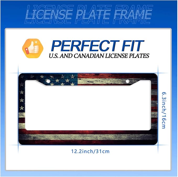 American Flag License Plate Frame Vintage USA Flag License Plate Stainless Steel Funny License Plate Holder Patriotic Car Accessories Decoration with Screws Fits Standard Vehicles Size 12.3" x 6.3"