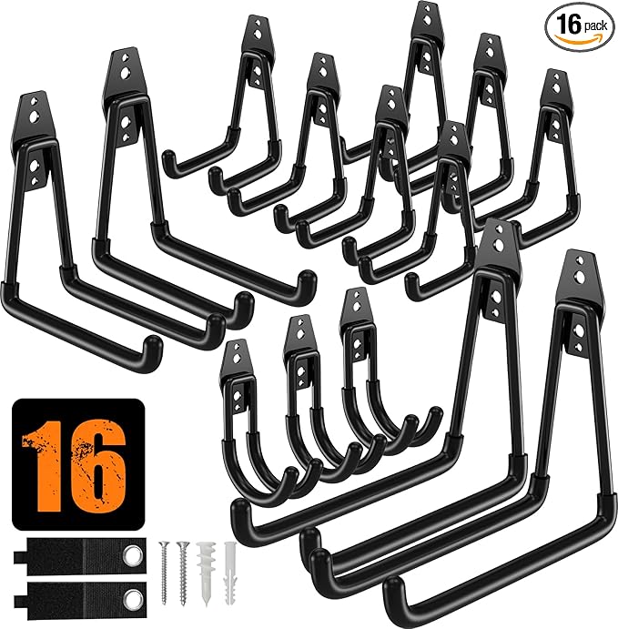 QcoQce 16 Pack Heavy Duty Garage Hooks with Extension Cord Straps, Wall Mount Hooks, Garage Organization and Tool Hangers for Bike, Ladder, Ropes and Garden Tools
