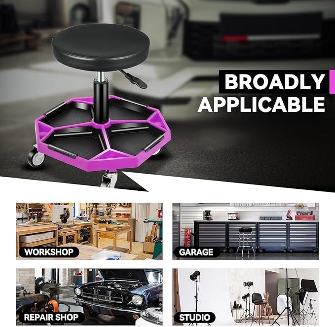 Auto Dynasty Mechanic Stool, Adjustable Rolling Pneumatic Creeper Garage Shop Seat with Tool Tray, 300 LBS Roller Seat for Workshop Auto Repair, Adjustable Height 15.7" to 21", Purple