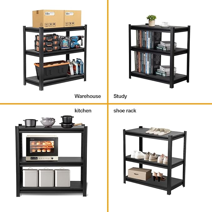 Metal Garage Shelving Unit, Heavy Duty 3-Tier 1050 LBS Loads Adjustable Storage Rack Garage Storage Shelves, Industrial Utility Shelf for Garages, Warehouses, Kitchen, Black