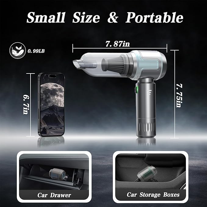 Car Vacuum Cleaner,16000PA High Power Mini Vacuum Cleaner, 7-in-1 Rechargeable Handheld Vacuum, Portable Cordless Compressed Air Duster & Air Blower for Cars, Home, Office, Pet