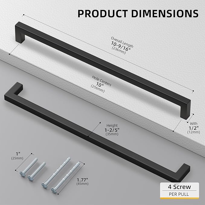 Goldenwarm 10 Pack Black Square Bar Cabinet Pull Drawer Handle Stainless Steel Modern Hardware for Kitchen and Bathroom Cabinets Cupboard,Center to Center 10in(256mm) Black Drawer Pulls