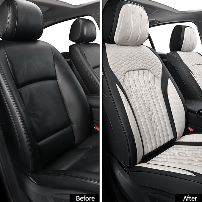 Car Seat Covers Full Set, Leather Seat Covers for Cars, Car Seat Protector Waterproof, Non-Slip Car Interior Covers Fit for Most Cars, SUV, Vans, Trucks,2Seats,Full Set,Black-White