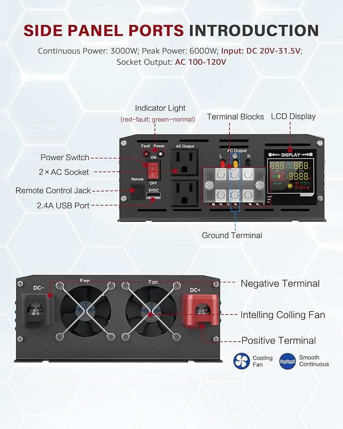 3000 Watt Inverter Pure Sine Wave DC 24V to 110V/120V AC Power Inverters with 2 AC Charger Outlets 6000W Peak Car Solar Converter for Vehicles Home with LCD Display and 2.4A USB Charging Port
