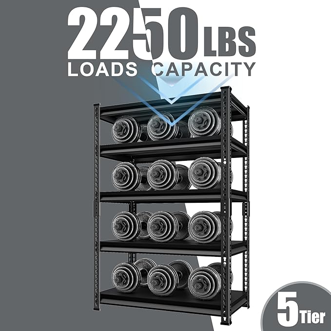 5-Tier Garage Shelving Heavy Duty, 72" Metal Shelving Unit - 2250 lbs Load Capacity, 40"W x 18"D x 72"H (Black)