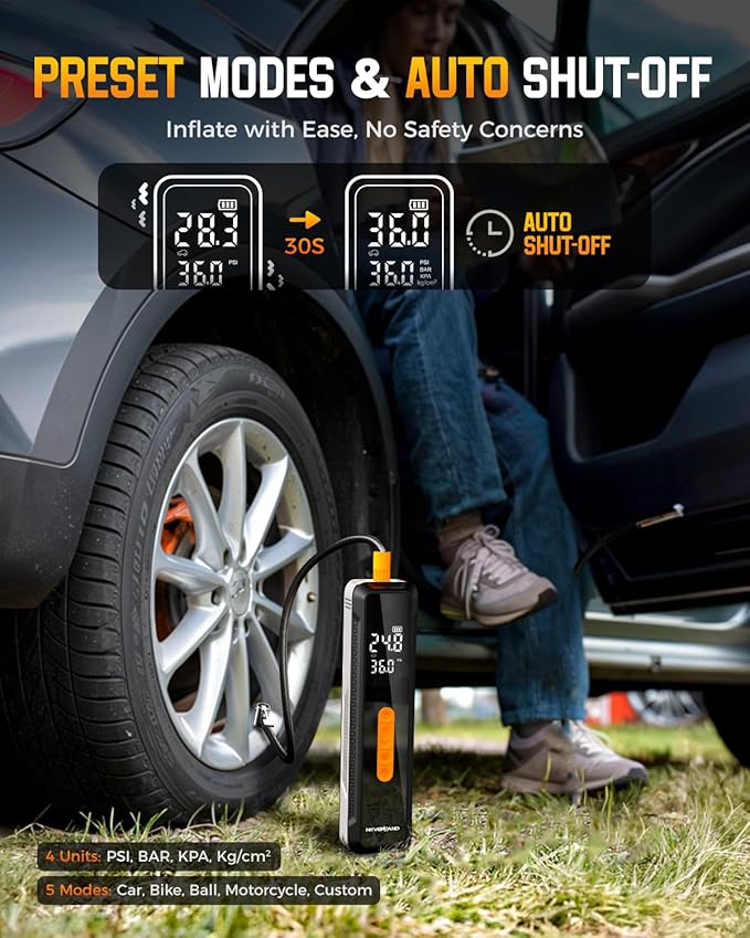 NEVERLAND Tire Inflator Portable Air Compressor - 20000mAh 150PSI Car Tire Air Pump Portable, 12V DC Auto Tire Inflator with Gauge, Electric Air Compressor for Car, Bike, Motocycle, Ball(2025 Version)