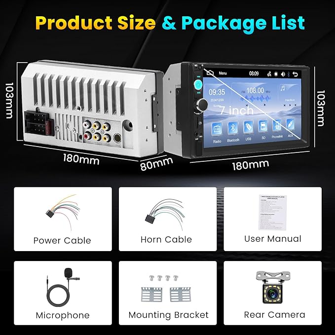 Double Din Car Stereo with 7 Inch HD Touchscreen Radio with Mirror Link Video Output Bluetooth FM Radio EQ FM/MP3/MP4/Subwoofer AUX/TF/USB Port, Car Audio Receivers with SWC Backup Camera MIC